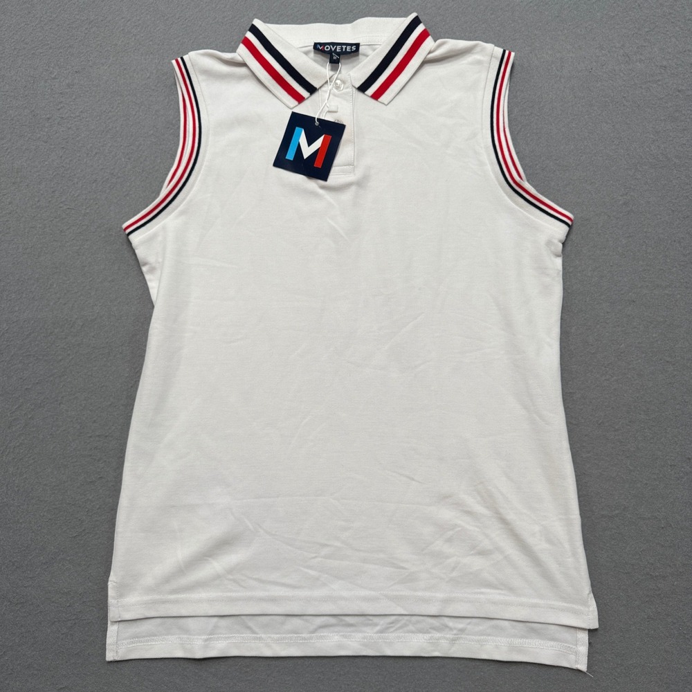 NEW Movetes Polo Golf Shirt Women's Medium White Phoenix Sleeveless Poppy Stripe
